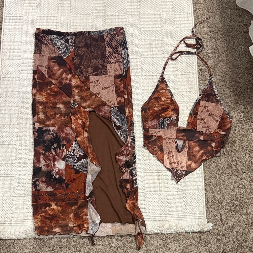 Brown Patchwork Two-Piece Skirt and Halter Top Set